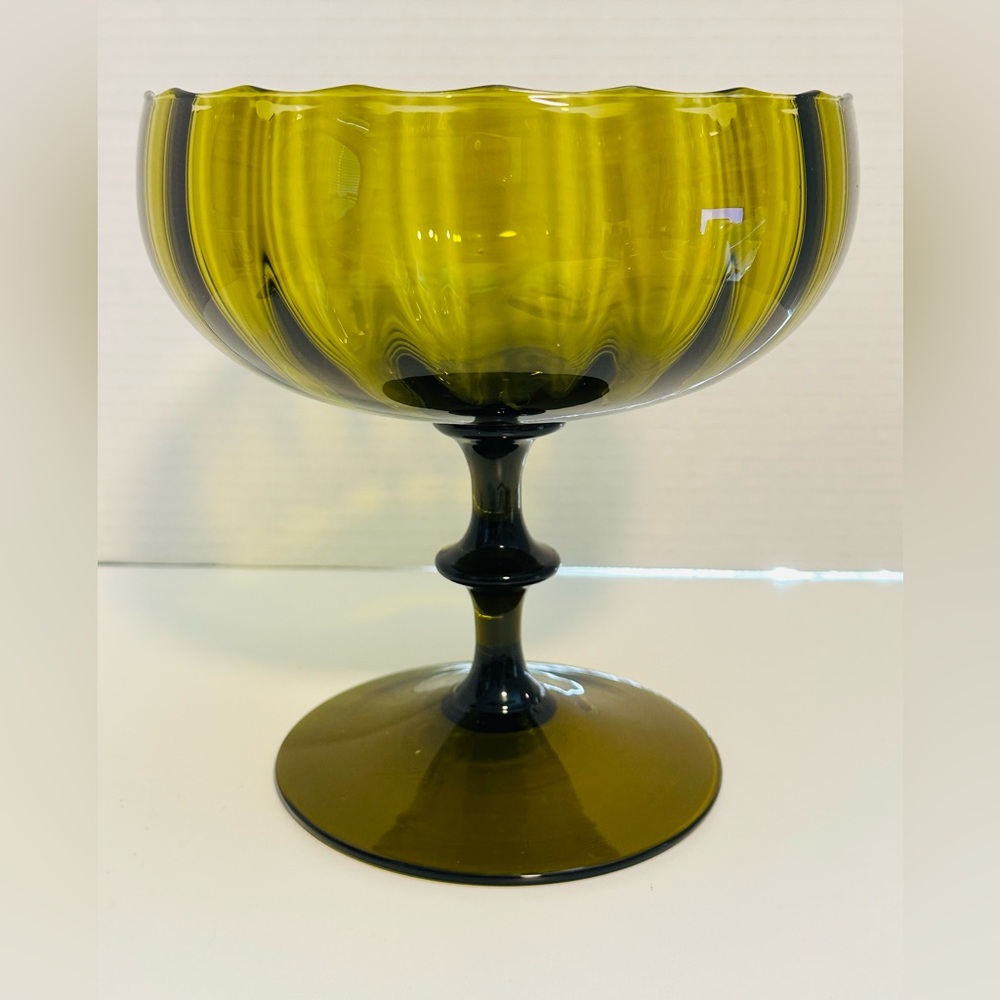Vintage Avocado Green Glass Pedestal Scalloped Compote